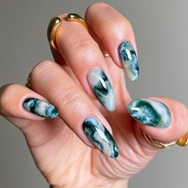Dark Green Gradient Press on Nails Green Marble Fake Nails with Designs Glossy Green Ombre Medium Almond False Nails Curve Line Gel Glue on Nails Green Spring Stick on Nails for Women Girls