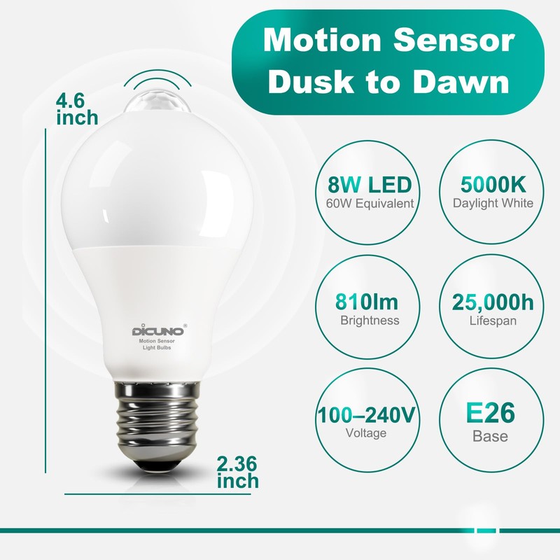DiCUNO PIR Motion Sensor Light Bulbs Outdoor, 8W (60W Equivalent),