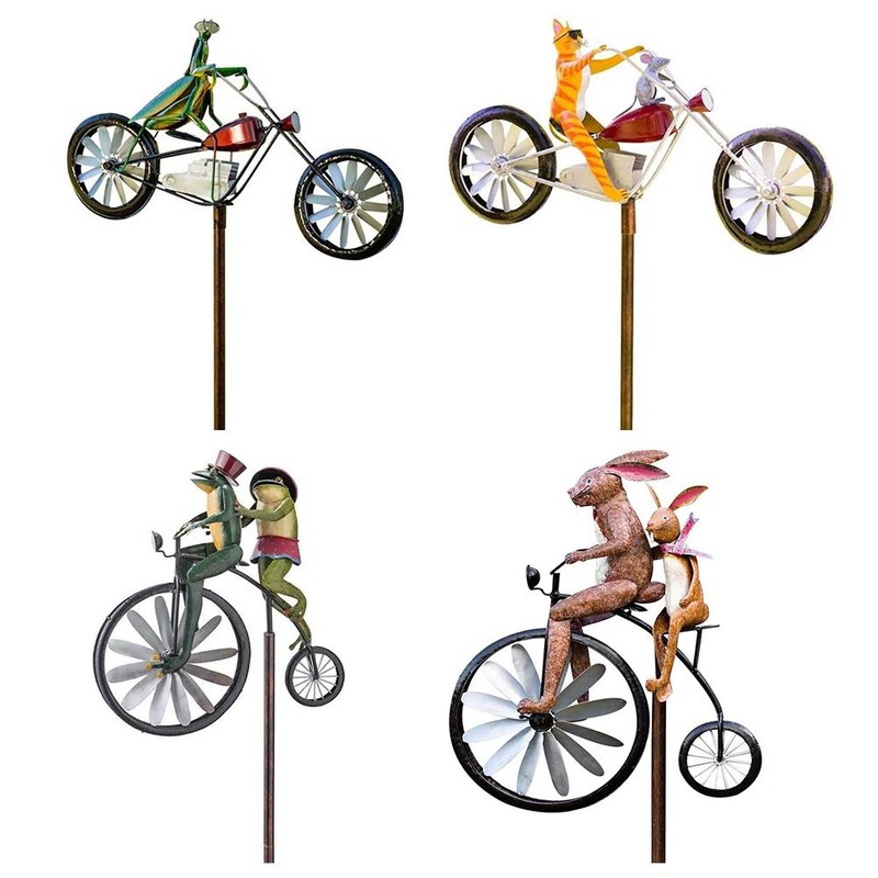 Metal Windmill Handmade Bike Frog Cat Bunny Mantis Sculpture for