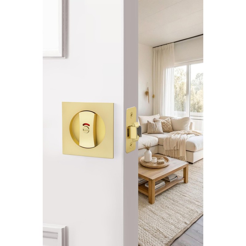 goldenwarm Brushed Gold Square Pocket Door Lock with Indicator, Pocket