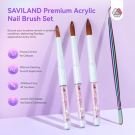 SAVILAND Pack of 3 Acrylic Brushes for Nails: Nail Art Brush for Beginners with Cleaning Comb Aurora Shimmer Nail Brush for Acrylic Powder Acrylic Nails Nail Extension Nail Brush Size 6/10/14 Gift Set