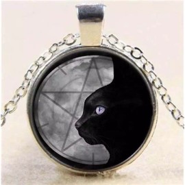 Fashion Jewelry BLACK CAT OCCULT WICCA PENTAGRAM  Pendant Sterling 925 Silver 20" Necklace gift