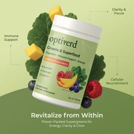 optiverd Greens Superfood Powder with Probiotics & Enzymes – Detox, Gut Health, Energy & Immunity Support – Organic, Vegan, Gluten-Free – 30 Servings – Mango Flavor
