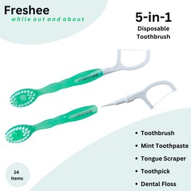 Freshee Bead -5 in 1 Disposable Mini Toothbrush with Refreshing Bead + Floss + Pick + Tongue Scraper | Travel Size | Individually Wrapped | Soft | Extra Minty | Travel Set