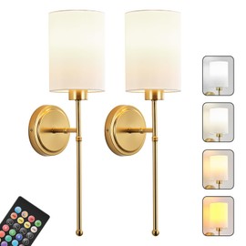 KARTOOSH Battery Operated Wall Sconce Set of Two, Gold Wireless Rechargeable Wall Light with Remote Control, Dimmable, Amber/Warm/Natural/Cool White, RGB, Battery Power Sconces for Living Room Bedroom