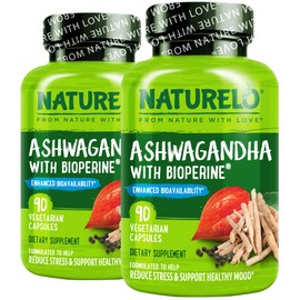 NATURELO Ashwagandha Organic Root Powder - Natural Herbs Supplement for Fatigue, Stress Relief, Mood Enhancer - with Black Pepper Extract - 90 Vegan Capsules (Pack of 2)