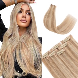 TESS Clip in Extensions Echthaar 6stk 44g, 6 Clip in Haarverlängerung Echthaar Extensions Remy Extensions45cm 12P613# Hellbraun/Lichtblond Balayage