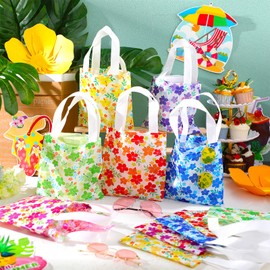 Kolldenn 24pcs Reusable Hibiscus Party Favor Tote Bags Non Woven with Handles Summer Tropical Beach Hawaiian Gift Goodie Bags for Luau Tropical Aloha Tiki Birthday Party Supplies