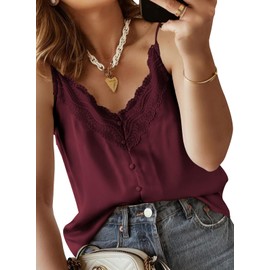 miduo Womens Tanks Tops Casual V Neck Lace Silk Satin Cami Shirts Straps Camisole Tanks Tops Sleeveless Blouse Summer Spring Tops Wine XL
