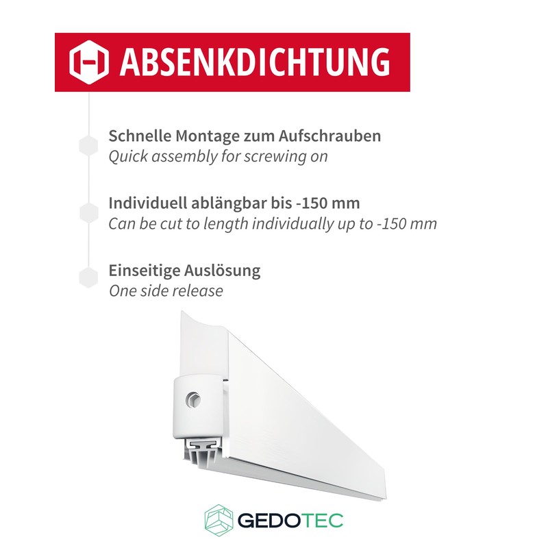 Gedotec Lowerable Floor Seal, White, 1 Piece Door Seal Bottom