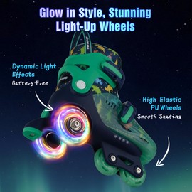 Kids Roller Skates for Beginners - ZOOBLISS Toddler Roller Skates for Boys Ages 3-7 with Light-Up Wheels & 4 Adjustable Sizes, Tri-Wheel Training Skates for Kids (Dino Blue)