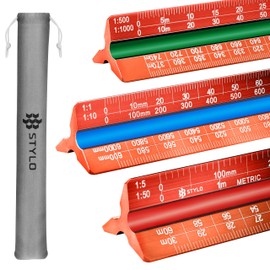 Stylo 12" Aluminum Architect Scale Ruler Laser Etched Triangle Drafting Ruler, Color Coded Grooves for Blueprint, Drafting and Drawing, Architectural Scale Ruler for Blueprints (Red, Metric Units)