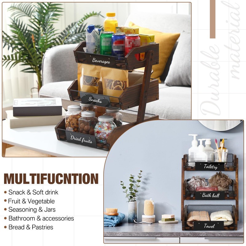Briwooody Wooden Fruit Basket for Kitchen Counter with Banana Hangers