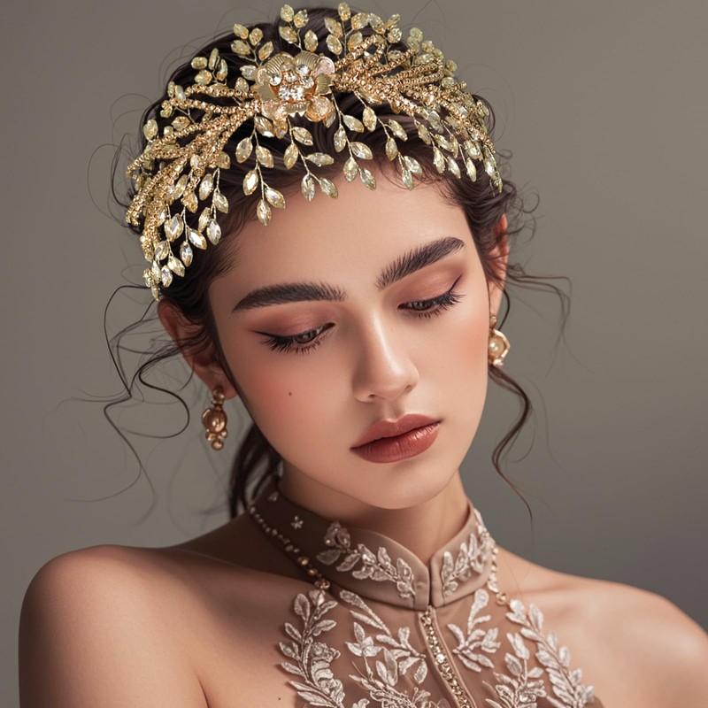 FUILUA Bridal Headband,Rhinestone Crystal Floral Wedding Headpiece Flower Leaf Hair
