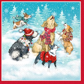 IHR Ideal Home Range Cocktail Napkins Disposable 3-Ply Paper Party Napkin Pack, 5" x 5", Dogs Catching Snowflakes, 20-Count