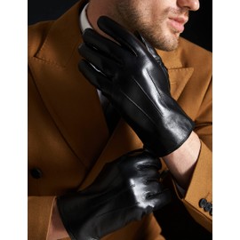 OCXMME Very Warm Mens Rabbit Fur Leather Gloves for Men Touchscreen Texting Driving Gloves Black Small