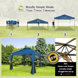 CROWN SHADES 10x10 Pop up Canopy Tent, Pop Up Gazebo with Netting, 4 Ropes, 8 Stakes, 4 Weight Bags, Wheeled Storage Bag, 10x10 Outdoor Canopy for Patio, Blue