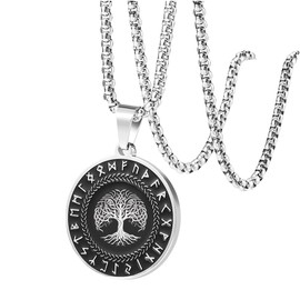 JINGMARUO Nordic Viking Rune Necklace Love Protection Strenght Courage Health Good Luck Viking Symbol Pendant Stainless Steel Viking Jewelry (Tree of Life)
