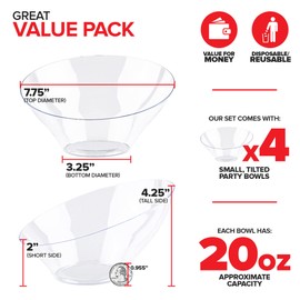 20oz Clear Plastic Serving Bowls (4 Pack) Medium Disposable Candy Dishes, Buffet Containers, Chips, Popcorn, Snacks, Mints, Salad Bar, Snack Bowl, Parties, Office Desk, Bridal Shower, Party Supplies