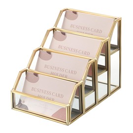 Hipiwe 4 Slots Glass Business Card Holder for Desktop, Gold Mirrored Business Card Display Stand, Multiple Clear Business Name Card Organizer Holder for Office Exhibition