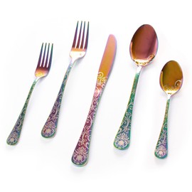 40 Pieces Stainless Steel Flatware Set for 8 People Knives Forks Spoons Set, Vintage Pattern Design, Mirror Polish and Dishwasher Safe (05-COLORFUL-SET 40)