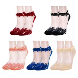 Benefeet Sox Womens Girls Sheer Ankle Socks Lace Mesh Pearl Socks Baroque Floral Socks Novelty Pretty Cute Transparent See Through Low Cut Socks Ultra Thin Silk Nylon Tulle Short Socks Gift 5 Pack