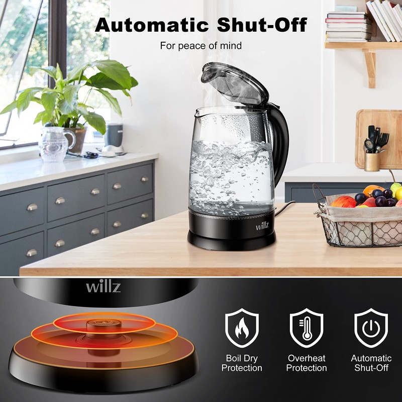 Willz Electric Glass Kettle with Heat Resistant Handle and Cordless