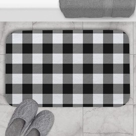 Asamour Checkered Bath Mats for Bathroom, Fluffy Plush Shaggy Absorbent Black White Buffalo Plaid Bath Rugs for Shower Tub, Non Slip Doormats Entrance Floor Mat Kitchen Carpet, 19.5x31.5 Inch