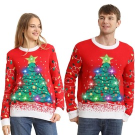 Ugly Christmas Sweater for Men and Women, LED, Glitter Xmas Jumper, Funny Christmas Sweater, Flashing Christmas Jumper for Men/Women, Black/Red, Christmas tree