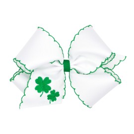 Wee Ones Girls' St. Patrick's Day Green Shamrock Embroidery Moonstitch Grosgrain Hair Bows on a WeeStay no-slip clip, Handmade, King