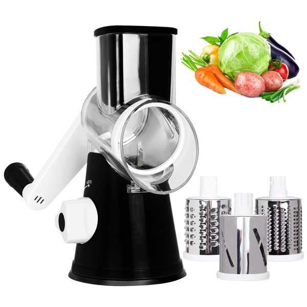 X Home Rotary Cheese Grater, Manual Cheese Grater with Handle, Mandoline Vegetables Slicer Cheese Shredder with Strong Suction Base, 3 Drum Blades Cheese Shredder Included, Black