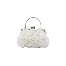 CORIOS Women's Elegant Evening Bag Flowers Clutch Bag Handbag with Chain Kiss Lock Mini Rose Shoulder Bag Satin Shoulder Bag for Wedding Banquet Party Prom, White