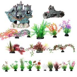GeLaozee Aquarium Decorations Set - Complete Fish Tank Decor with Green Pirate Shipwreck and Resin Tree Stump Plastic Plants for Betta Fish Tank & Small Aquariums (20-Piece Kit)