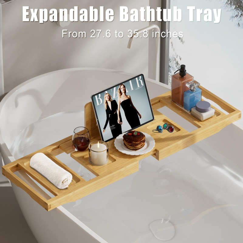 Bathtub Tray Caddy,Premium Bamboo Expandable Bath Tub Trays Table, Foldable