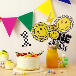 Ctosree 30 Pcs One Happy Dude Birthday Party Centerpiece Sticks Smile Face Birthday Table Toppers Happy Birthday Centerpieces for Tables Hippie Groovy First Birthday Party Decoration for Kids Birthday