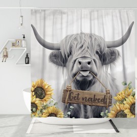 DESIHOM Western Highland Cow Shower Curtain Set 72" x 72" with Hooks, Funny Farm Cattle Farmhouse Rustic Bull Bathroom Decor, Fun Sunflower Get Naked Wildlife Animal Bath Accessories Polyester Fabric