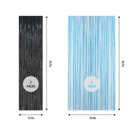 Dahick 4 Pack Black and Blue Foil Fringe Curtains for Birthday Theme Party Decorations,Tinsel Fringe Photo Backdrop Streamer for Birthday Party Supplies