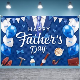Happy Fathers Day Banner Decorations 5.9×3.6Ft Blue Suit Tie Happy Fathers Day Backdrop Blue White Balloons Father's Party Celebrations Wall Door Home Decorations 71×43Inch （Polyester）