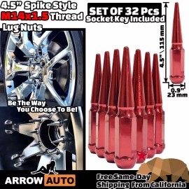 ARROW 32x 4.5" Tall Red M14x1.5 Spike Lug Nuts & Key Fit F250 F350