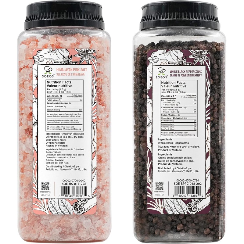 Soeos Himalayan Pink Salt 39 oz + Whole Black Peppercorns