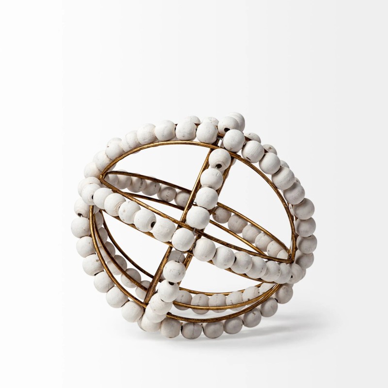 Homeroots 9" White Wooden Bead And Gold Orb Sculpture