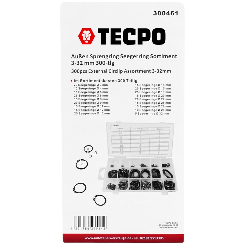 TECPO Outer Seeger Rings Circlips Slot Rings Assortment 300 Pieces