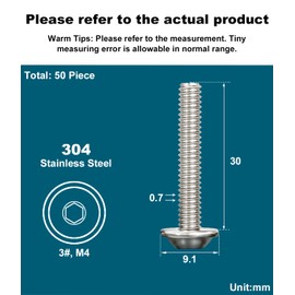 Drenky Flat Head Screws with Flange, Hexagon Socket Screws Stainless Steel Hexagon Socket M4 x 30 mm Stainless Steel A2 V2A Screws Stainless Steel Threaded Screws Full Thread Pack of 50