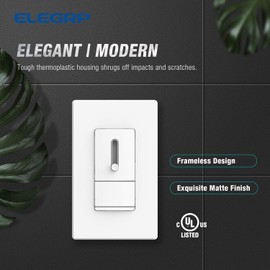 ELEGRP Interruptor regulador deslizante para bombillas LED regulables, CFL y incandescentes, de un solo polo o de 3 vías, control completo con preajuste, paleta basculante, placa de pared incluida,