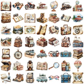 Prettysunshine Retro Travel Sticker Set 50 Pieces, Vintage Outdoor Adventure Stickers for Suitcase, Journal, Scrapbook, Kindle, Car, Bike, Helmet, Laptop, Waterproof, Transparent PET Sticker