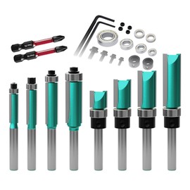 CSOOM Pack of 10 Flush Cutter with 2 Impact Magnetic Bits, 6 Bearings, 2 Wrenches, 8 mm Shank Flush Cutter Set, Carbide Cutters, Tools for Woodworking (Green)