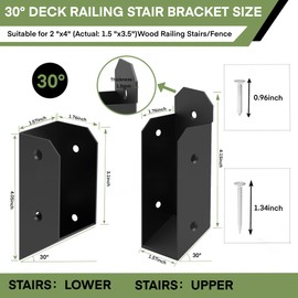 2 Pair 30°Stairs Railing Stainless Steel Deck Bracket Connector for 2"X4" (Actual 1.5"X3.5") Railing Wood Posts for Deck Handrails,Railing Stairs,Fences