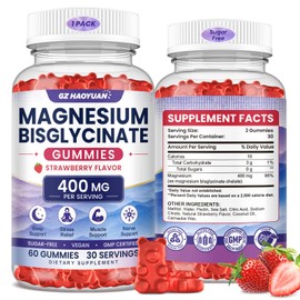 Magnesium Bisglycinate Gummies 400mg, Chelated Magnesium Glycinate Gummies for Adults, Sugar Free Magnesium Gummies for Sleep & Relaxation, Muscle & Nerve Support, Vegan Strawberry, 60 Count