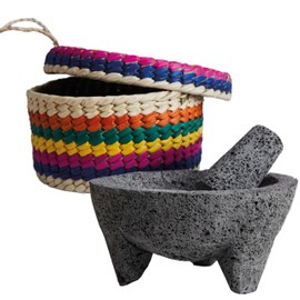 Mexican Molcajete Bowl with Tortilla Basket by Verve Culture, Basalt Volcanic Stone Mortar and Pestle, Rough Surfaced Mexican Kitchenware for Mixing and Grinding, Oven Safe, 7” Grinding Bowl