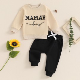 Loalirando Toddler Mama's Boys 2PCS Pants Outfit Long Sleeve O Neck Letter Embroidery Sweatshirts Tops Drawstring Elastic Waist Sweatpants Fall Winter Clothes Set (Khaki, 18-24 Months)